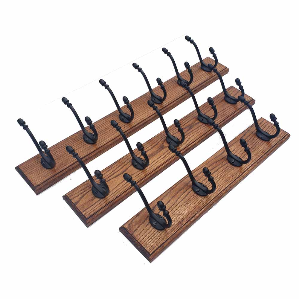 Solid Oak Wooden Coat Rack in multiple sizes - Teak finish  Hooks Knobs 