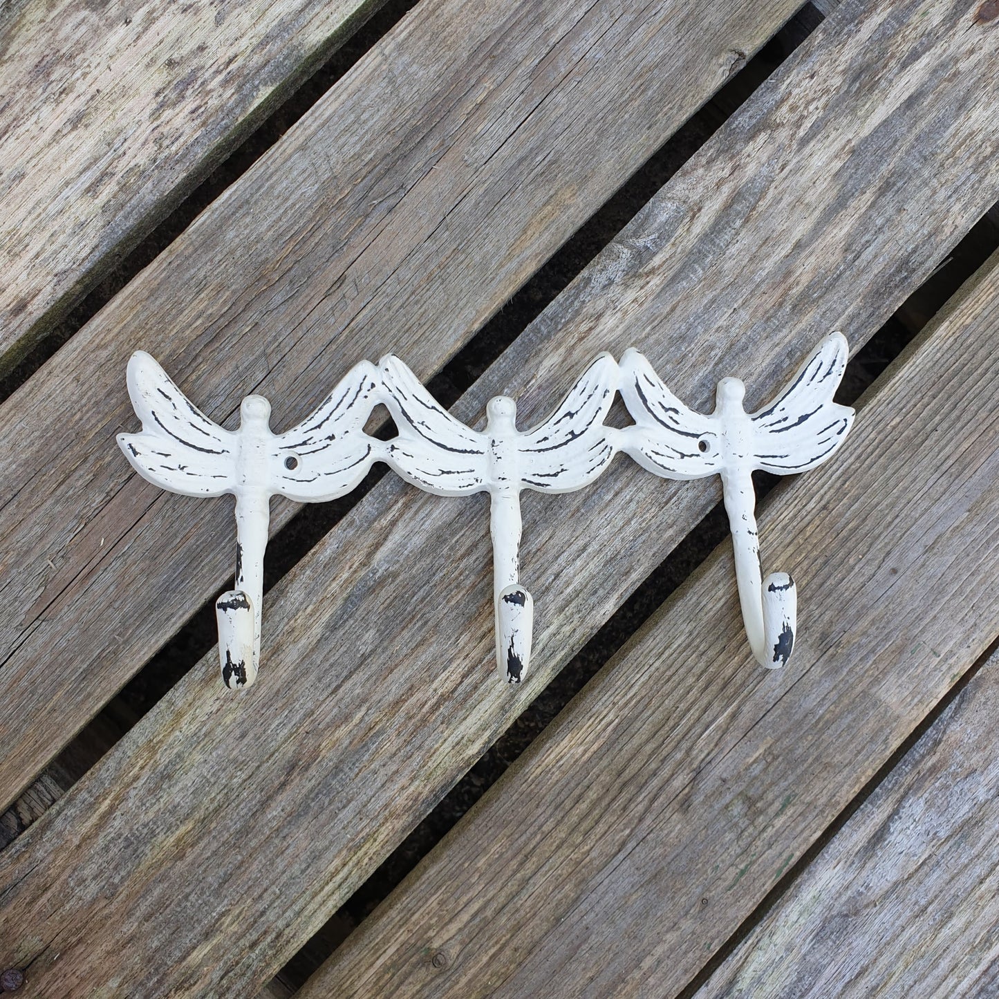 White Distressed Dragonfly Triple Wall Hook  Hooks Knobs 