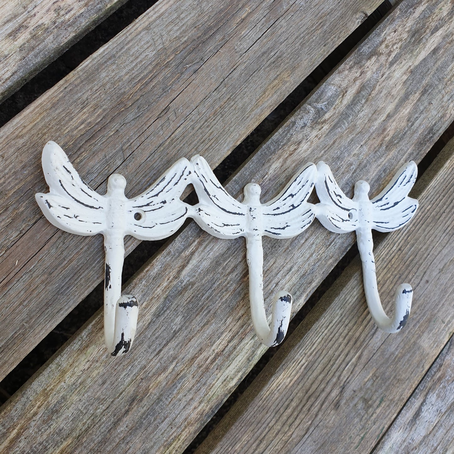 White Distressed Dragonfly Triple Wall Hook  Hooks Knobs 