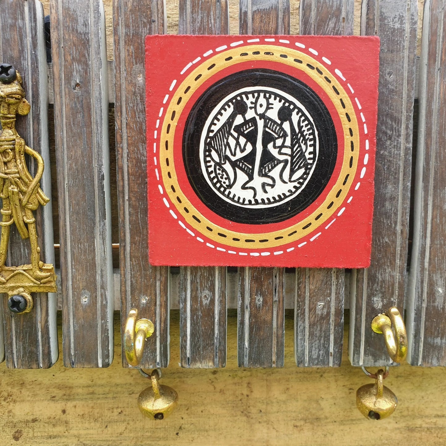 Brass + Wood Key Holder - Dhokra and Warli Art  Hooks Knobs 