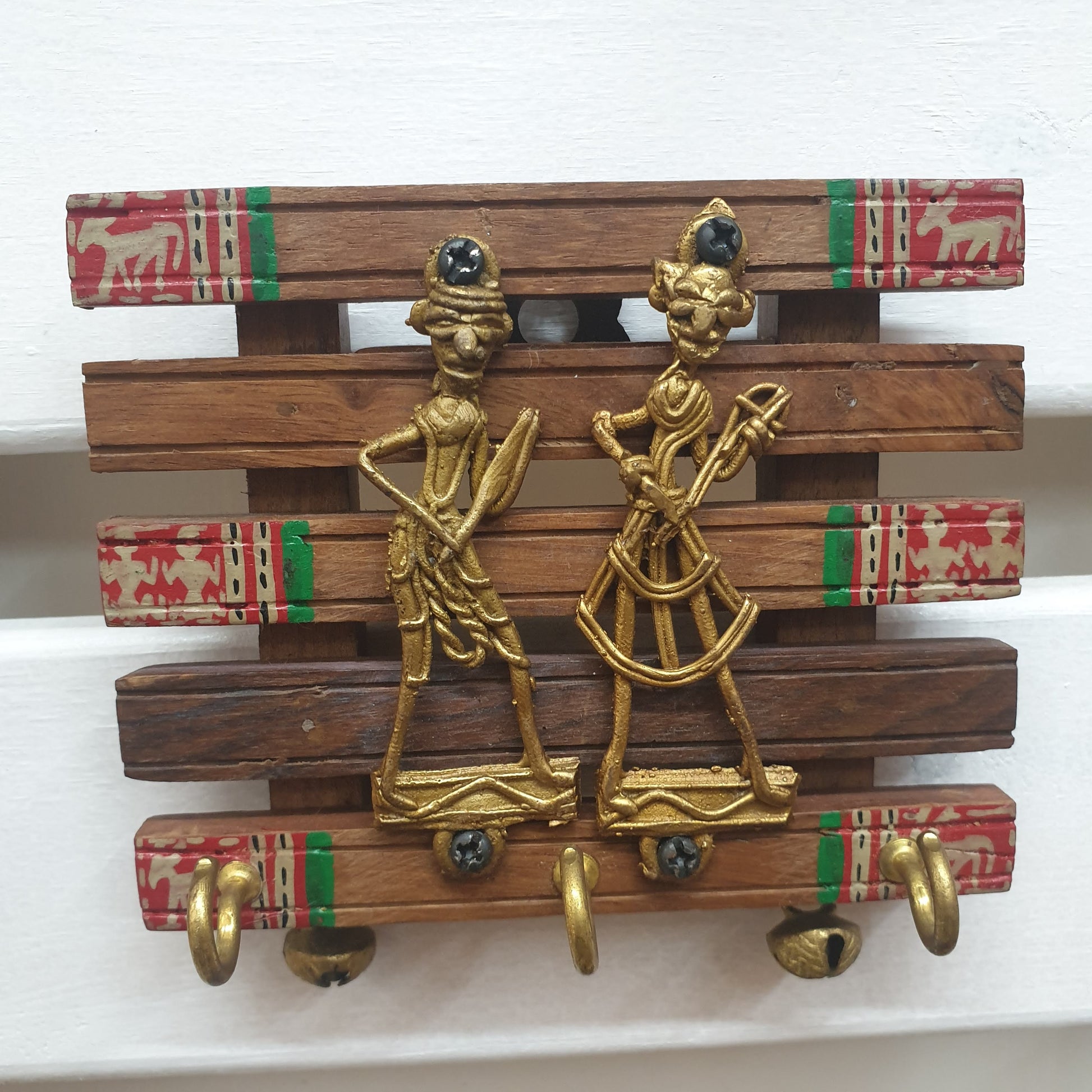 Brass + Wood Key Holder Small - Dhokra and Warli Art  Hooks Knobs 