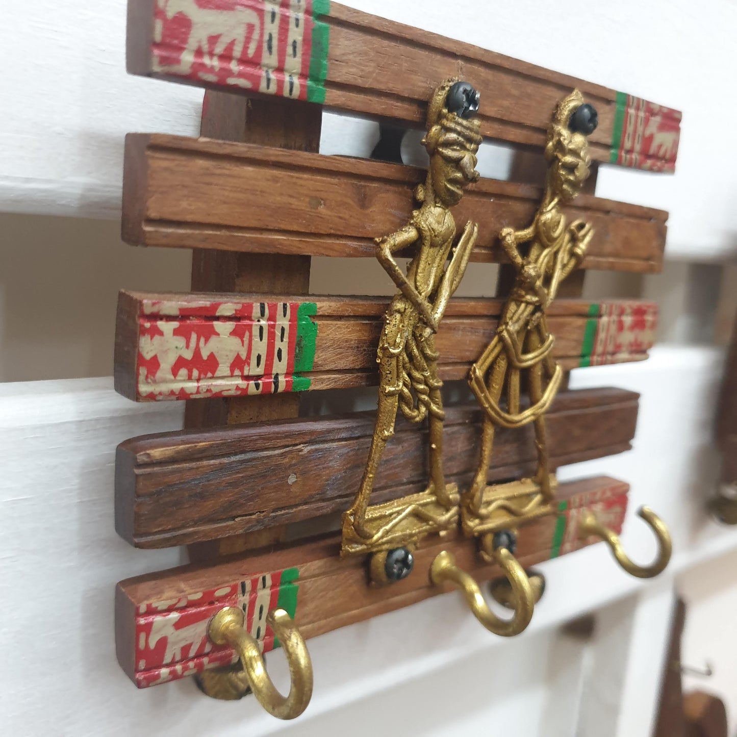 Brass + Wood Key Holder Small - Dhokra and Warli Art  Hooks Knobs 