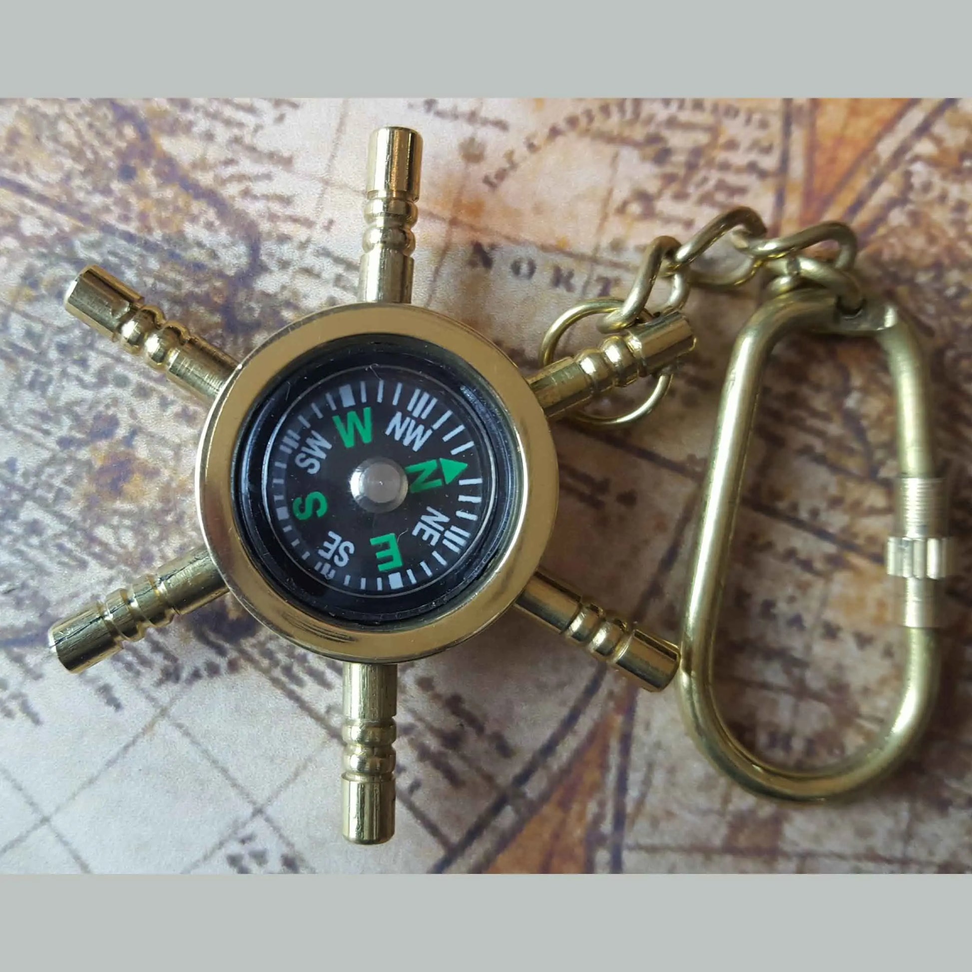 Ship's Wheel Compass Solid Brass Nautical Keyring  Hooks Knobs 